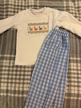Children's White Long-Sleeve Pajama Top with Light Blue Gingham Pants
